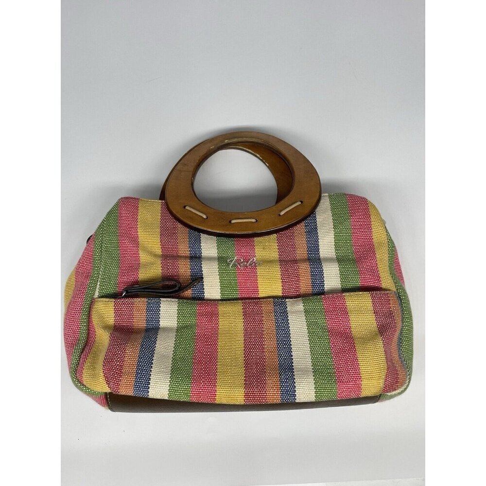 RELIC Wooden Handled Purse Pink, Tan and Orange Stripes Coastal Bohemian Beach